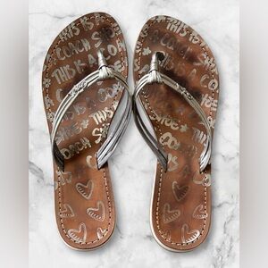 Coach Molly Tan Silver Metallic Leather Heart Sandals Flip Flops Size 7.5